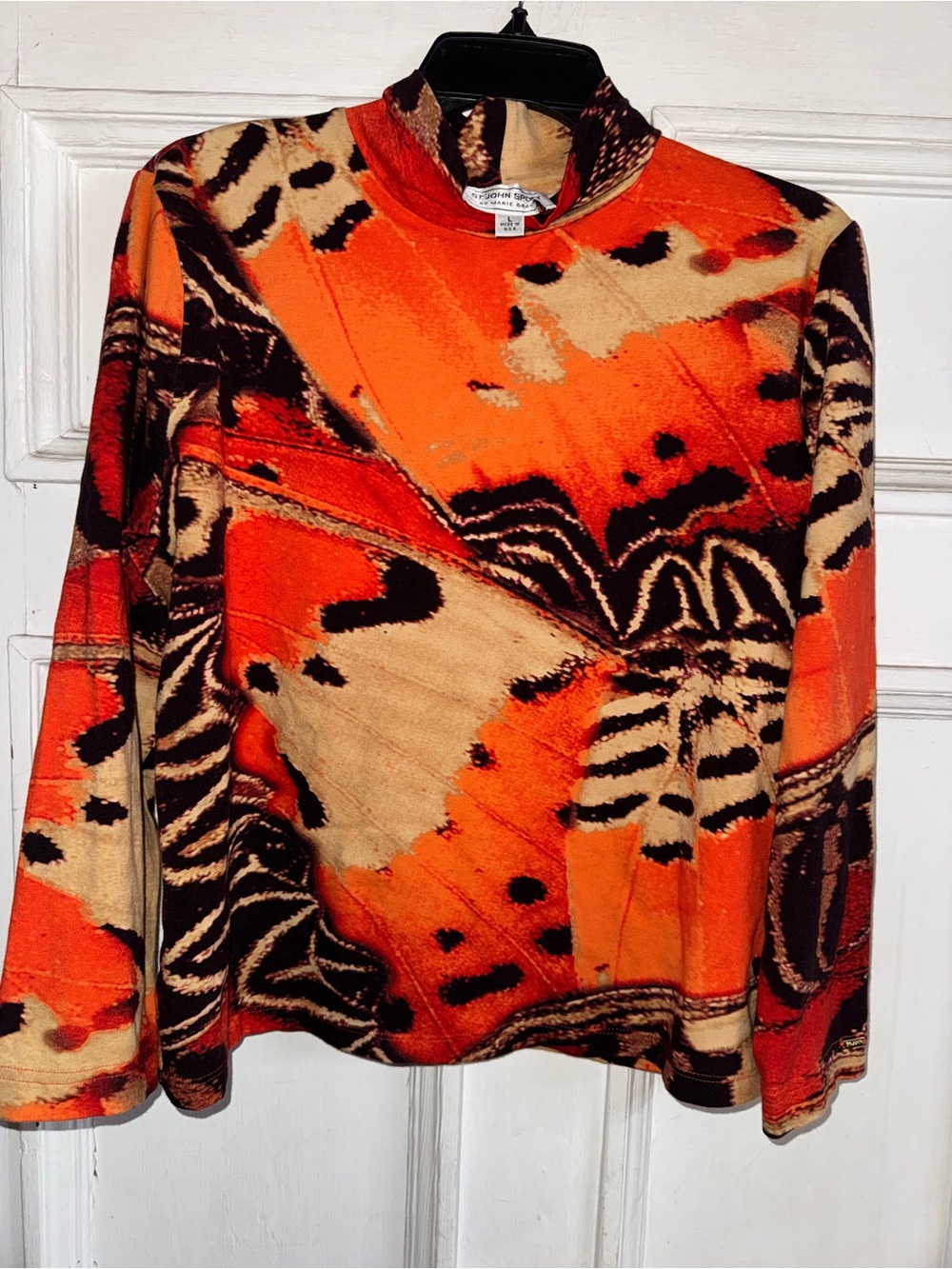 St. John Sport by Marie Gray Orange and Tan Abstract Mock-Neck Long Sleeve Top
